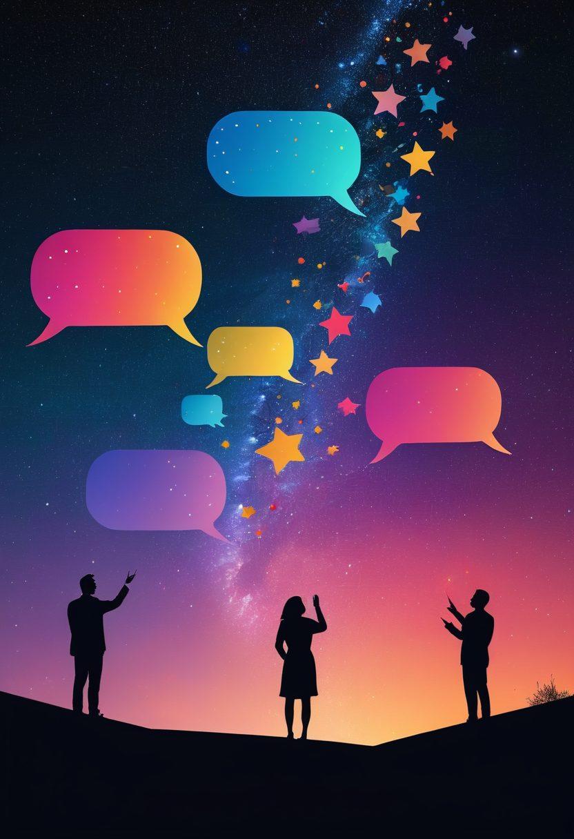 A dynamic night sky filled with vibrant stars morphing into various story elements such as speech bubbles, graphs, and strategic roadmaps, symbolizing the transformation of raw feedback into strategic insights. Include abstract human figures reaching out to catch shooting stars, emphasizing public engagement. Conceptual art style. Vibrant colors.