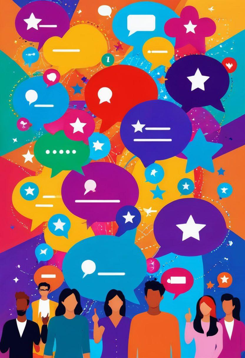 A diverse group of people connected by digital threads, exchanging vibrant reviews and opinions across a colorful, dynamic virtual web; the background is filled with icons of stars, speech bubbles, and thumbs up/down, illustrating the flow of online feedback. vector art. vibrant colors.